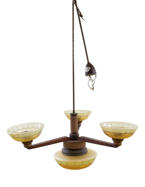 Three-Armed Wooden and Glass Chandelier, 1940s