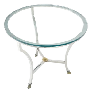 Stainless Steel Italian 24" Round Glass Top Brass Hoof Feet End Side Lamp Table