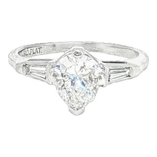 Mid Century Platinum Approximately 1 Carat Pearshape Classic Engagement Ring, Size 5.25 For Sale
