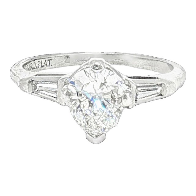 Mid Century Platinum Approximately 1 Carat Pearshape Classic Engagement Ring, Size 5.25 For Sale