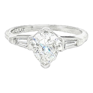 Mid Century Platinum Approximately 1 Carat Pearshape Classic Engagement Ring, Size 5.25