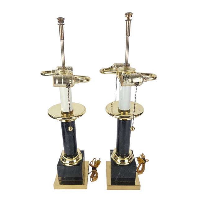 1980s Brass & Black Marble Neoclassical Column Table Lamps, a Pair For Sale - Image 4 of 14