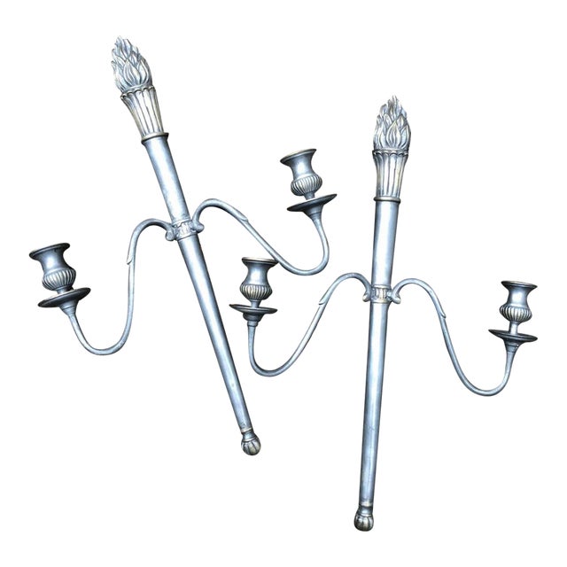 Mid 20th Century Cast Metal Two Arm Torchiere Flame Torch Candle Wall Sconces - a Pair For Sale