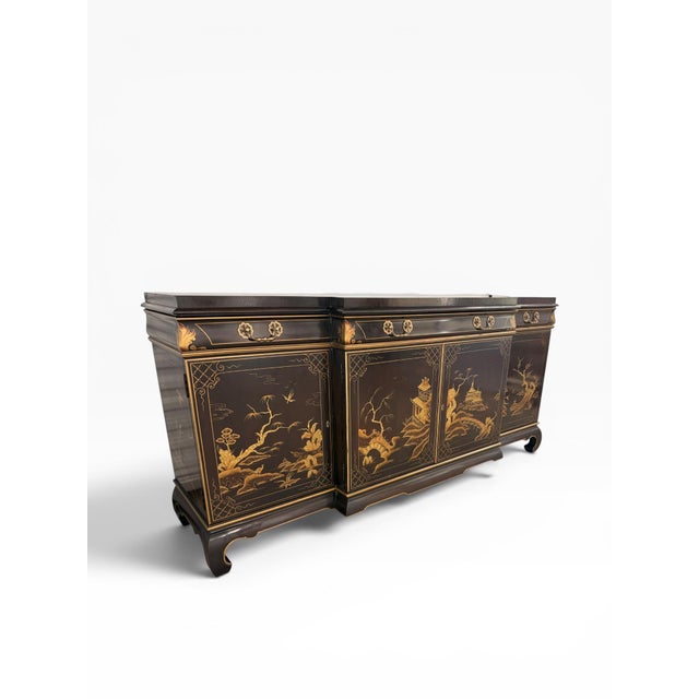 Karges Furniture 1984 Karges Furniture Hand-Painted Chinoiserie Lacquer Credenza With Asian Chow Legs For Sale - Image 4 of 15