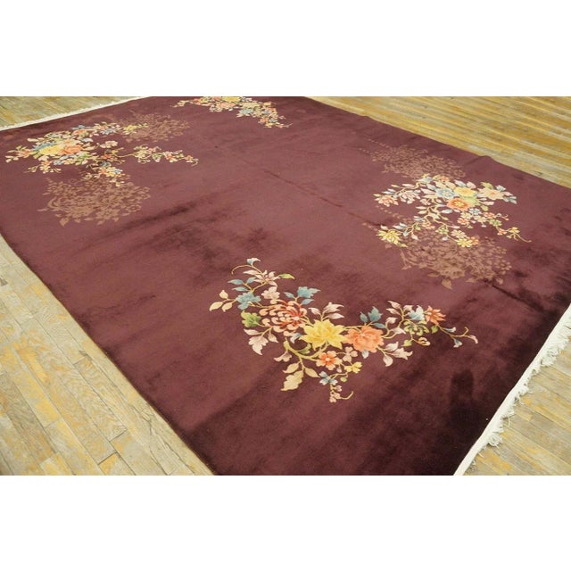 1920s Red Wine Floral Antique Chinese Art Deco Rug 8'8" X 11'4" Knotted Pile Wool Carpet For Sale - Image 4 of 12
