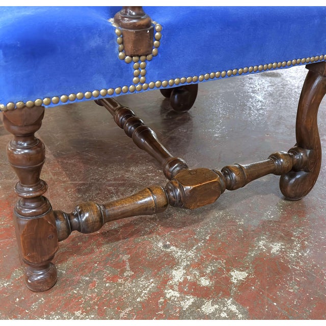 Blue Pair of 19th Century French Louis XIII Walnut High-Back Armchairs With Velvet For Sale - Image 8 of 11