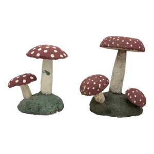 Pair Vintage Painted Stone Toadstool Mushrooms With Red Caps