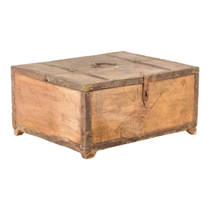 Rustic Indian 19th Century Wooden Box with Iron Details and Incised Motifs