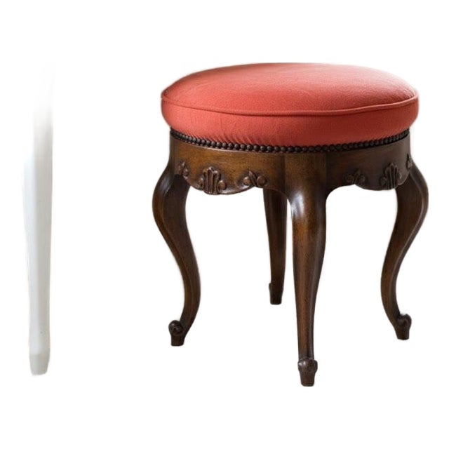 Vintage Baker Furniture Louis XV Style Carved Walnut Vanity Stool For Sale