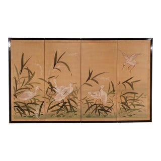 Mid Century Japanese Byobu Four Panel Screen W/ Egrets For Sale