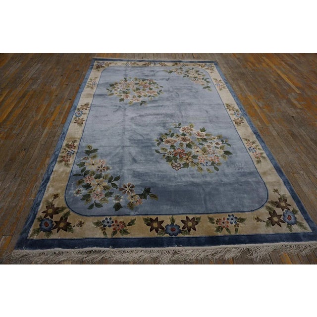 Vintage 1980s Silk Chinese Art Deco Style Silk Carpet ( 6'2" x 9' - 188 x 275 ) Vintage Chinese – Silk Blue 1980s Rug,...