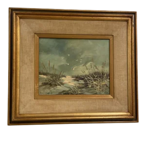 Mid 20th Century "Gulls Over a Snowy Marsh" Landscape Oil Painting by Lynn Winans, Framed