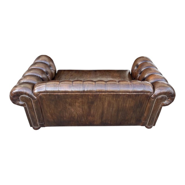 Wood Vintage Chesterfield Leather Sofa With Tufted Back and Rolled Arms – Warm Brown Patina For Sale - Image 7 of 15