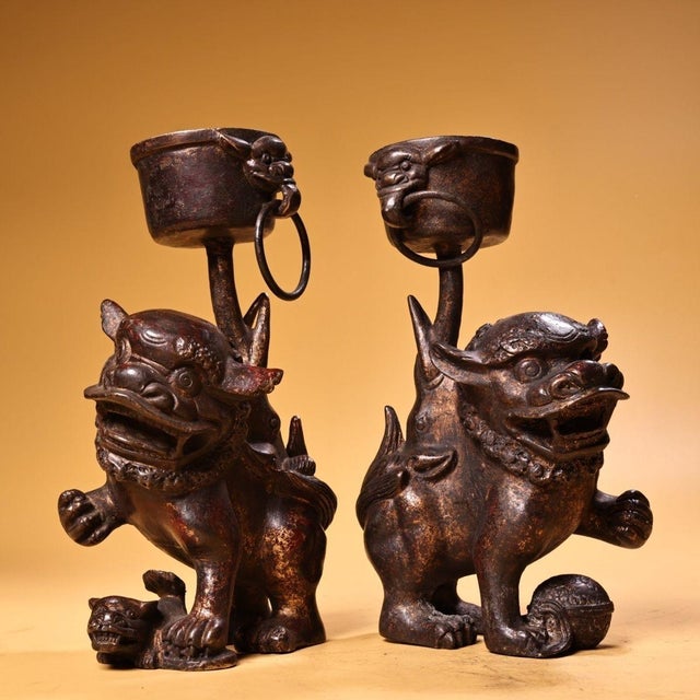 Pair of Antique Chinese Gilt Bronze Foo Dog Candle Holders With Ring Handles For Sale In Los Angeles - Image 6 of 10