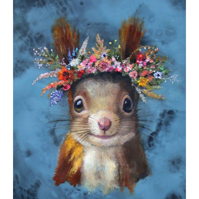 Butch (Floriferous Squirrel) by Carrie Goller | Mixed media - oil/encaustic on canvas Squirrel with a flower crown For Sale - Image 4 of 5