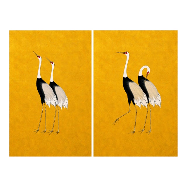 Japanese Crane Diptych, Oversized Gold Wall Art Collection, 16" X 24" For Sale