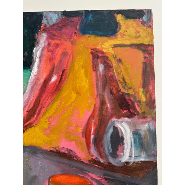 Maroon Monumental Abstract Modern Expressionism Still Life Original Oil Painting, Maroon, Mustard, Blue For Sale - Image 8 of 12