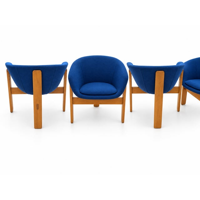 Set of Four Scandinavian Modern Blue Upholstered Tub Chairs With Oak Tripod Bases For Sale - Image 4 of 7