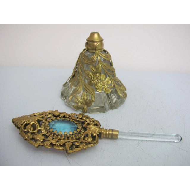 Vintage Czech Glass Gold Ormolu Filigree Blue Stone Stopper Perfume Bottle For Sale - Image 9 of 10