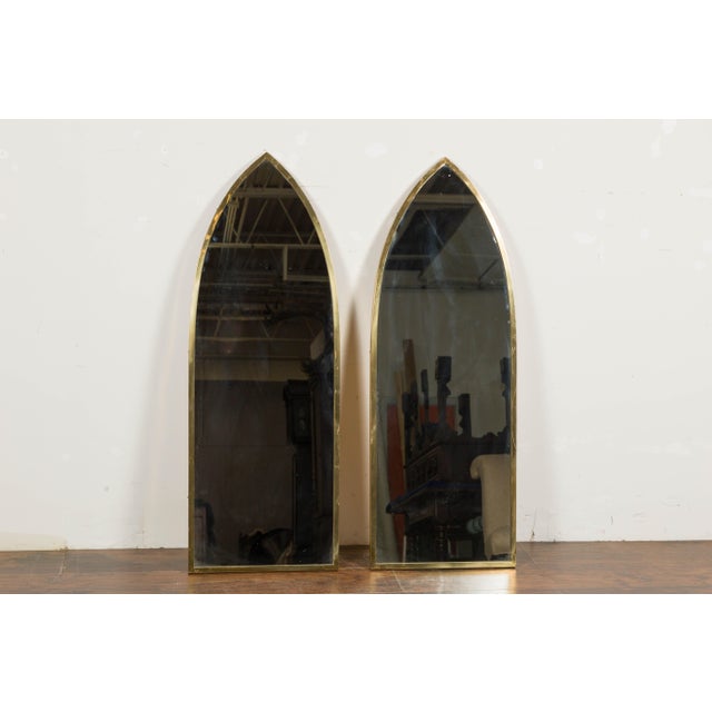 Mid 20th Century Midcentury Brass Gothic Style Golden Broken Arch Mirrors, a Pair For Sale - Image 5 of 11