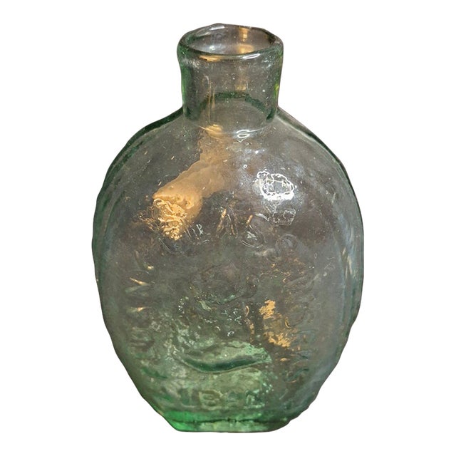 Antique Albany Glass Works Historical Flask Gi-28 Steamboat Sailboat Aqua Glass 1840s For Sale
