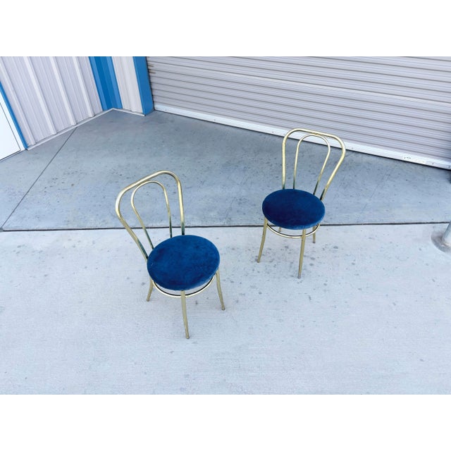 1980s Set of 4 Vintage Hollywood Regency Brass & Royal Blue Velvet Dining Chairs For Sale - Image 10 of 16