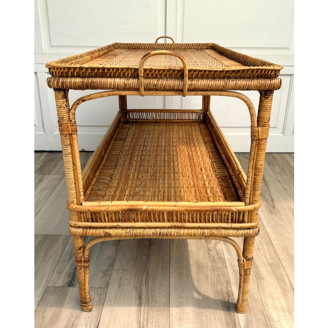 Brown Vintage Bamboo, Rattan & Wicker Two-Tier Console Display Table With Tray Top For Sale - Image 8 of 15