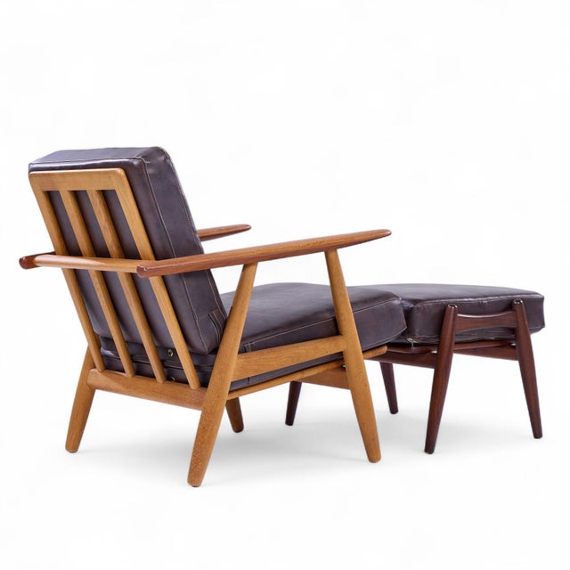 Wood Hans Wegner for Getama Ge-290 Mid Century Danish Teak High Back Lounge Chairs - Pair With Ottoman For Sale - Image 7 of 11