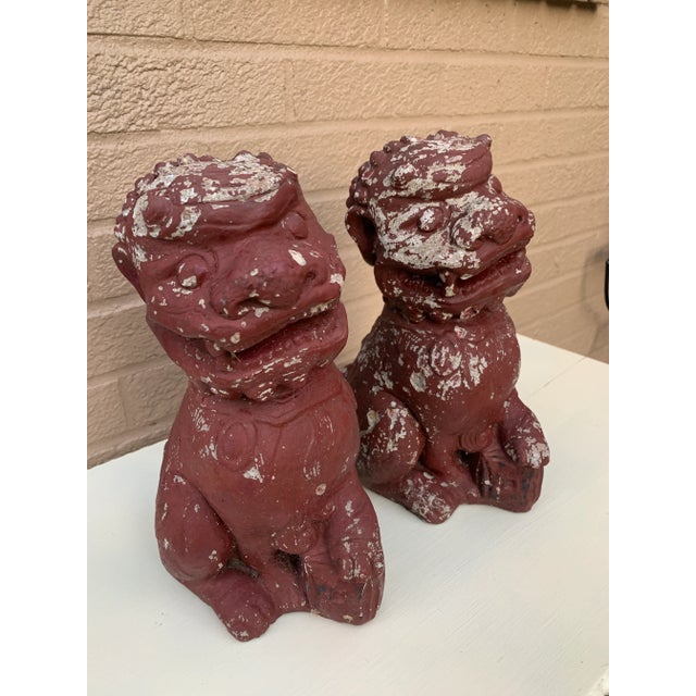 Antique Chinoiserie Cast Stone Foo Dogs With Timeworn Painted Finish, Pair For Sale - Image 4 of 9