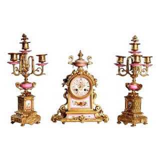 Triptych Clock in Gilded Bronze and Porcelain For Sale