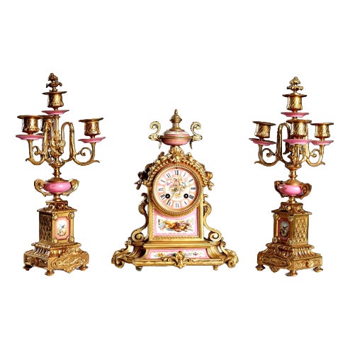 Triptych Clock in Gilded Bronze and Porcelain For Sale
