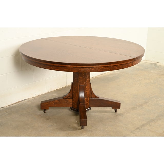 Stickley Brothers Style Antique Mission Oak Arts & Crafts Pedestal Extension Dining Table, Newly Refinished For Sale - Image 13 of 13