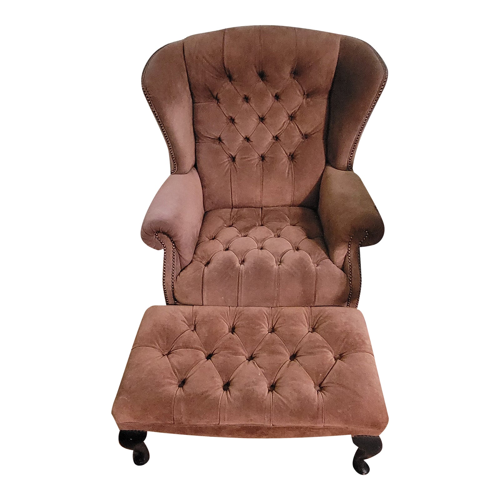 1990s Hancock and Moore Tufted Suede Wingback Chair and Ottoman 