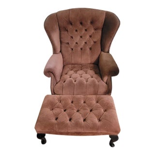 1990s Hancock and Moore Tufted Suede Wingback Chair and Ottoman Set For Sale
