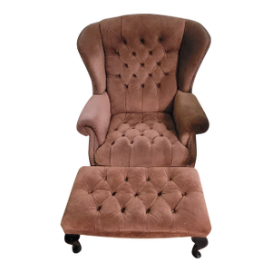 1990s Hancock and Moore Tufted Suede Wingback Chair and Ottoman Set