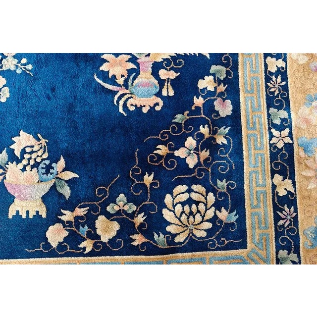 1920s Navy Blue Floral Vase Antique Chinese Art Deco Rug 8' 9'' X 11' 6'' Wool Knotted Carpet For Sale - Image 10 of 12