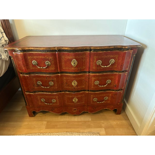 Theodore Alexander Red Leather-Wrapped Serpentine Three-Drawer Chest With Gilt Decoration For Sale - Image 16 of 16