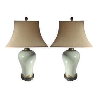 Pair Chinoiserie Porcelain Celadon Green Ceramic Temple Jar Table Lamps. For Sale