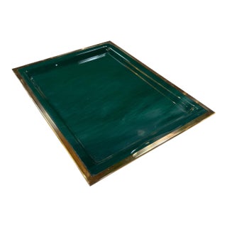 Vintage Brass & Emerald Green Lacquer Serving Tray For Sale