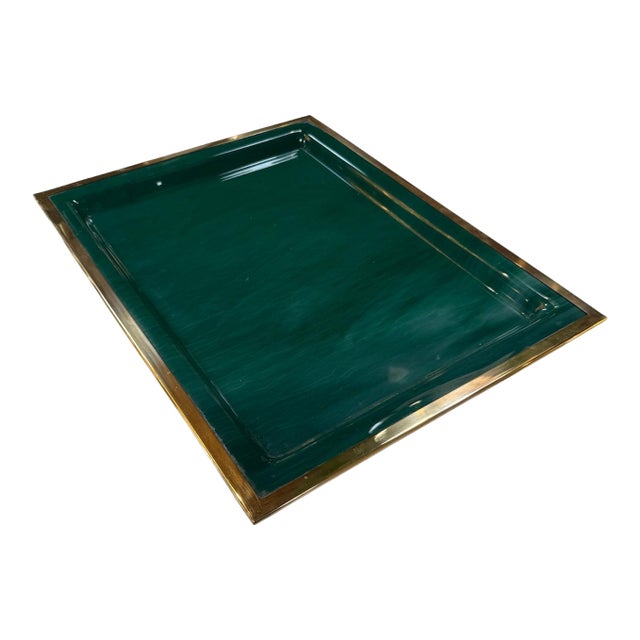 Vintage Brass & Emerald Green Lacquer Serving Tray For Sale