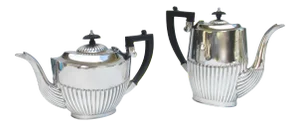 C.1900-1940's Sheffield Silver Plate George V, Queen Anne-Style Coffee & Tea Pot Server Set With Ebony Handle