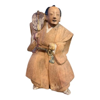 Early 19th Century Edo Period Japanese Polychrome Ceramic Samurai Figure W/ Fan For Sale