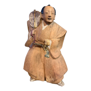 Early 19th Century Edo Period Japanese Polychrome Ceramic Samurai Figure W/ Fan