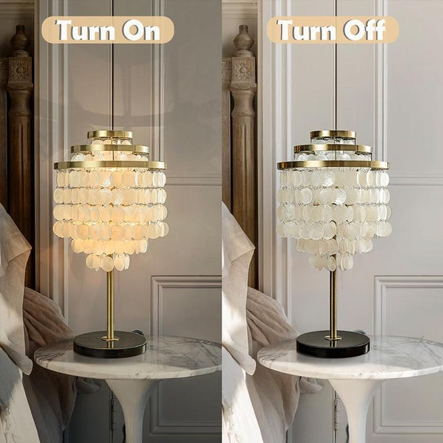 Aloadecor 3-Light 28'' Modern Coastal Aged Brass Natural Capiz Shell Tiered Table Lamp With Black Marble Base Glam For Sale - Image 4 of 8