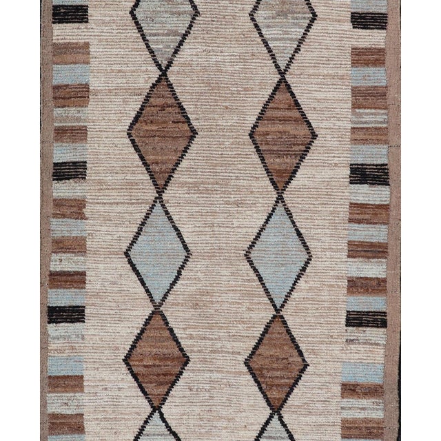 Measures: 4'5 x 12'5 Moroccan Tribal Runner with Geometric Design in Earthy Browns and Cool Blue. Keivan Woven Arts, rug...