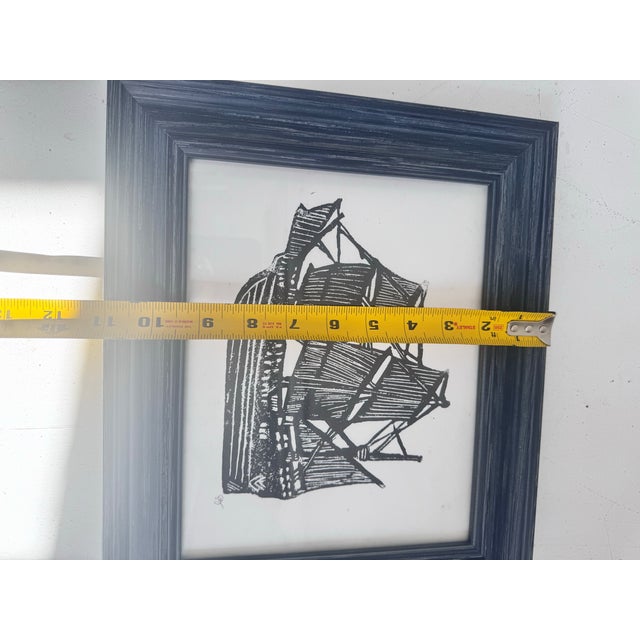 Wood Vintage Framed Nautical Ship Block Print, Signed For Sale - Image 7 of 8