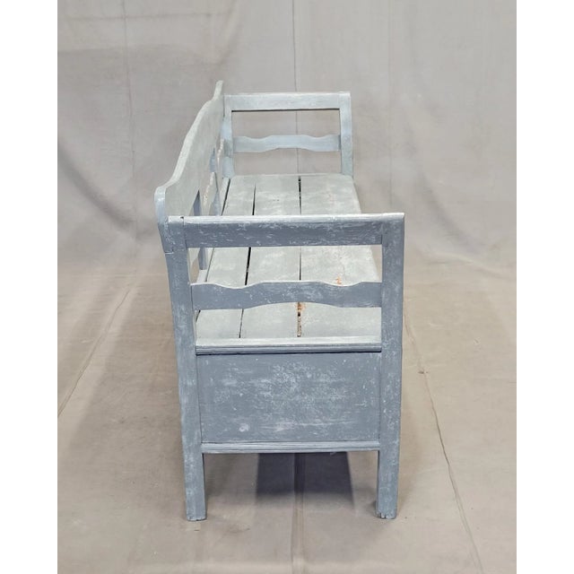 Antique 19th Century Swedish Storage Bench With Blue/Gray Paint and Linen Cushion For Sale - Image 13 of 18
