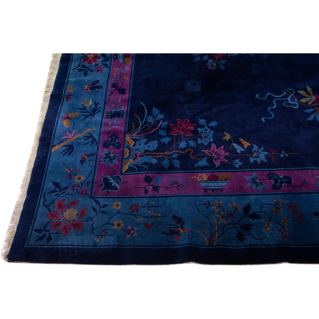 1920s Navy Blue Antique Chinese Art Deco Handmade Wool Rug With Floral Design For Sale - Image 4 of 7
