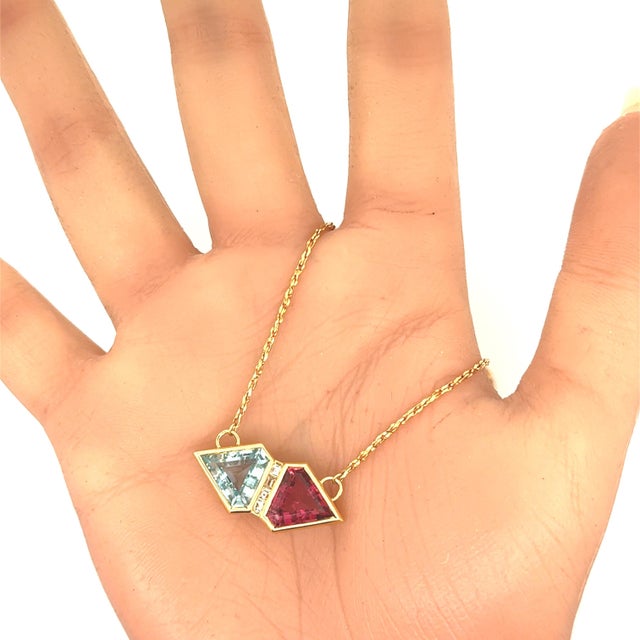 Metal Tourmaline Rubellite Aquamarine Diamond 18k Yellow Gold Necklace For Sale - Image 7 of 7