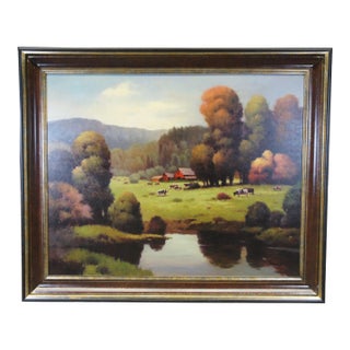 Bonnatt Pastoral Country Farmhouse Landscape Oil Painting on Canvas 71" For Sale